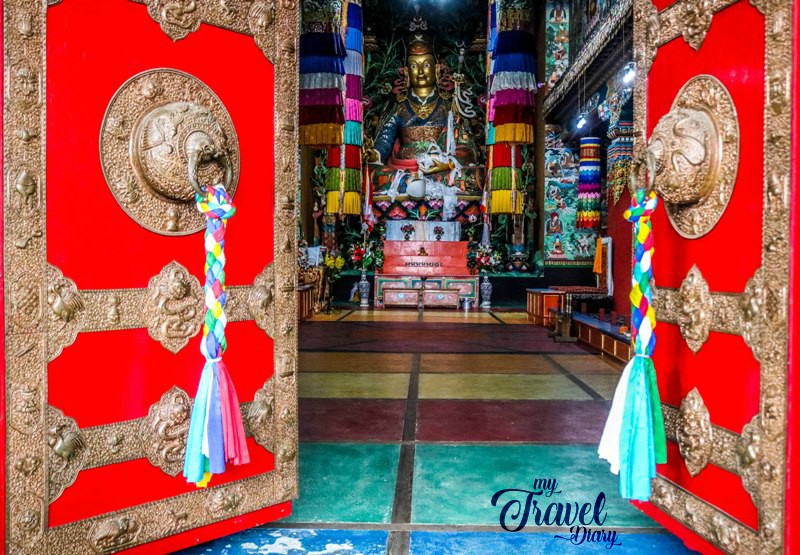 Entrance door to central prayer hall of Khinmey Monastery, Tawang, Arunachal Pradesh